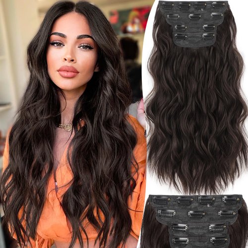FREEMEIGE Hair Extensions,Clip in Hair Extensions for Women,Clip in Synthetic Hair Extensions Long Wavy 4PCS Thick Hairpieces Fiber Double Weft Natural Hair Extensions 20 Inch for Women