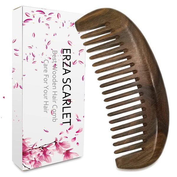 ERZA SCARLET Real Natural Green Sandalwood Wooden Wide Tooth Comb for Curly Hair/Beard Pick Comb - NO SNAGS,NO STATIC,NO TANGLE (Wide tooth comb)