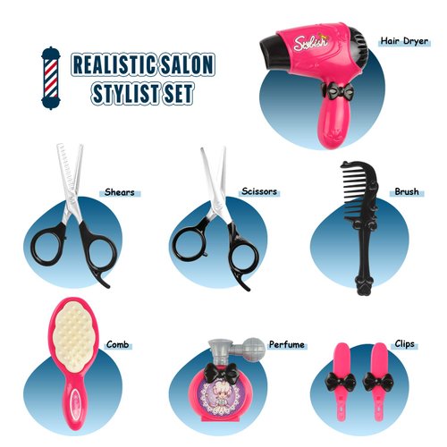 Hapgo Girls Beauty Salon Set Pretend Play Stylist Hair Cutting Kit Hairdresser Toys with Hair Dryer, Scissors, Barber Apron and Styling Accessories