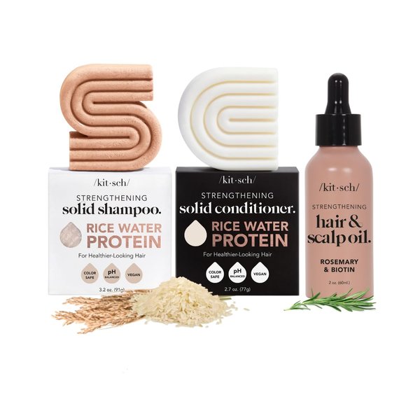 Kitsch Rice Shampoo Bar Soap, Rice Conditioner Bar Soap, & Pre Wash Scalp Oil - Rice Water for Strengthening Hair, Rosemary Oil for Healthy Scalp, Serum, Paraben Free 3pc Set
