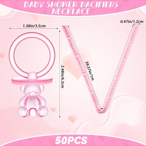 Beeveer 50 Pcs Bear Acrylic Baby Pacifiers Baby Shower Pacifiers Necklace Boy Pacifier Bulk Pacifiers for Baby Shower Game Pacifiers Ribbon Necklace for Party Favors Prize Decorations(Pink)
