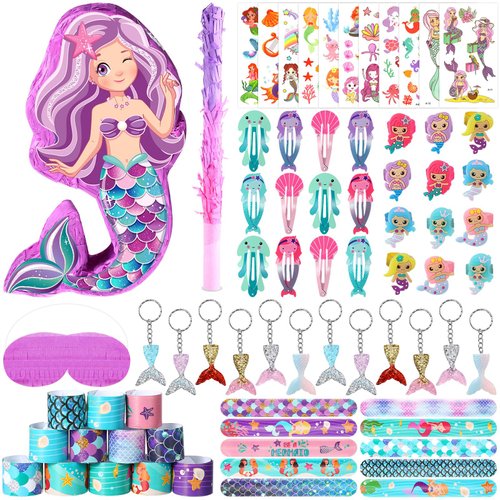 Hungdao 63 Pcs Mermaid Party Favors Mermaid Piñata Hairpin Slap Bracelets Ring Tattoo Sticker Keychain Mermaid Birthday Party Supplies Classroom Prize Gift Mermaid Goodie Bag Piñata Stuffers Fillers
