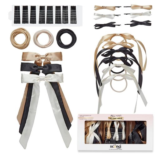 Scunci by Conair 125 Piece Hair Accessories Set - hair accessories for women - hair bow - bows - hair clip - hair elastics - bobby pins - Neutral colors with storage