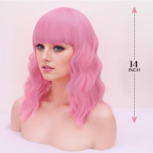 forfeels Short Pink Wavy Wig with Bangs, Pink Bob Wigs for Women 14 Inch Shoulder Length Curly Synthetic Wig for Women, Colorful Cosplay Wigs Heat Resistant Bob Wig for Daily Party Use