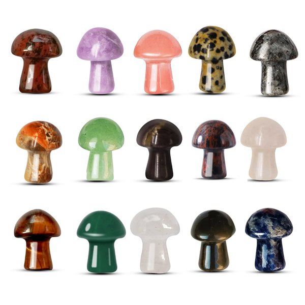 15 Pcs Crystal Mushrooms Sculpture Healing Crystal Bulk Stones Carved Mushroom Decor, Energy Balancing Rose Quartz Tiger Eye Clear Quartz Obsidian Decoration for Garden, Lawn, Flowerpot, Fishbowl