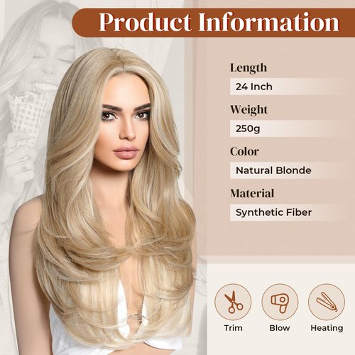 LONAI Blonde Wigs for Women 24" Long Natural Blonde Middle Part Layered Wig Synthetic Hair Wig for Daily Use Party Cosplay