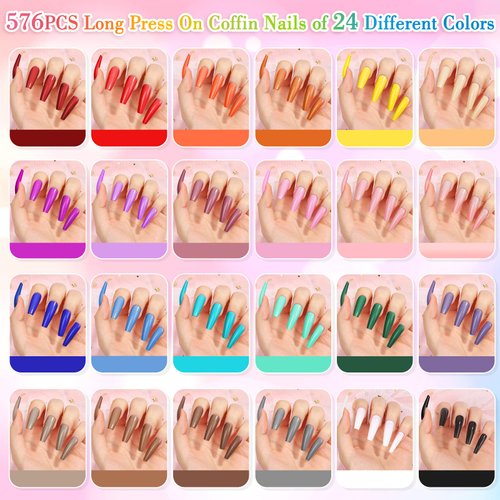 Qinzave 24 Colors Long Coffin Full Cover Press On Nails Tips 576PCS Long Press On Nails with Rhinestones, Adhesive Nail Striping Tapes, Nail Stickers, Long Press On Coffin Fake Nails with Nail Glue