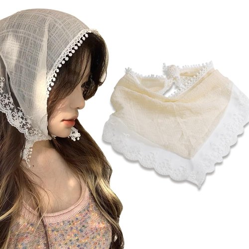 Yreamont White Lace Head Scarf Headband for Women Vintage White Headpiece Chiffon Head Scarf for Women's Hair Floral Lace Headwrap Lace Bandana Hair Scarf Girls Head Coverings Lace Embroidery Fabric