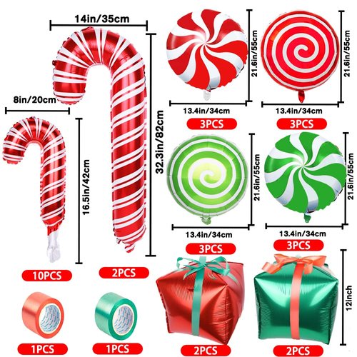 YUJUN 30Pcs Christmas Balloons Decoration Set, Candy Cane Gift Box Mylar Foil Balloons for Christmas New Year Candies Xmas Theme Party Decorations