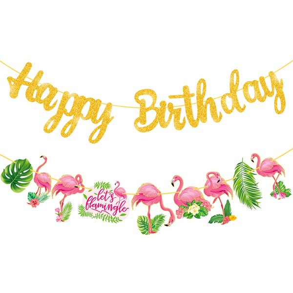 Flamingo Birthday Party Banner Hawaii Luau Birthday Party Decorations Supplies Gold Glitter Happy Birthday Banner Decorations for Tropical Flamingo Theme Birthday Party Supplies
