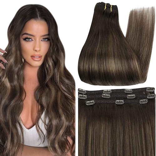 Full Shine Ombre Clip in Hair Extensions Dark Brown Fading to Brown And Ash Brown 2/8/2 Brazilian Human Hair Extensions Lace Double Weft Balayage Brown Remy Hair 3Pcs 50Grams 18 Inch