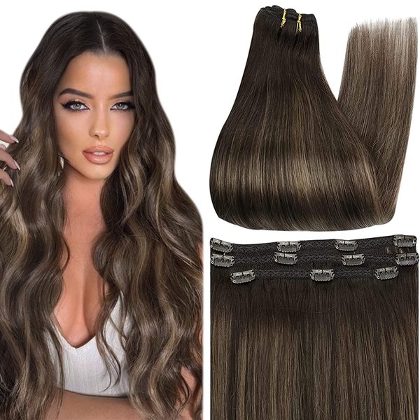 Full Shine Ombre Clip in Hair Extensions Dark Brown Fading to Brown And Ash Brown 2/8/2 Brazilian Human Hair Extensions Lace Double Weft Balayage Brown Remy Hair 3Pcs 50Grams 18 Inch