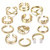 IRONBOX 12 Pcs Adjustable Knuckle Rings for Women 14K Gold Plated Stacking Rings Pack Wave Star Moon Dainty Thumb Open Rings Set Gold