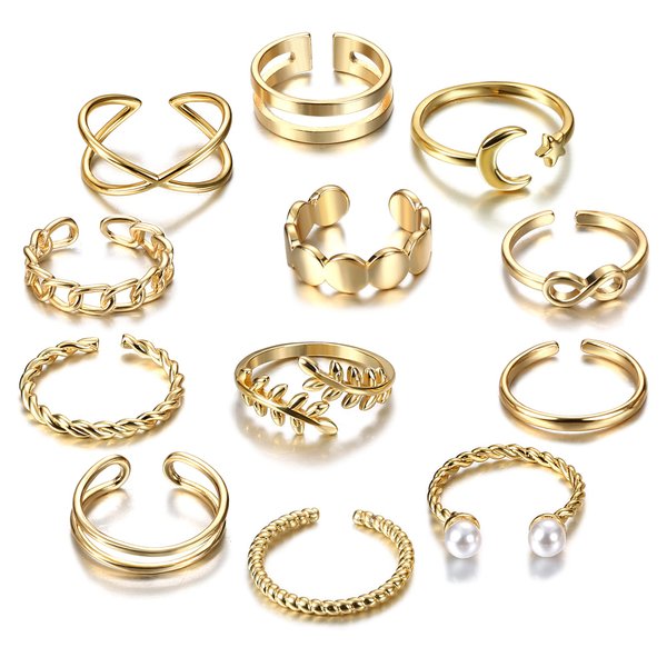 IRONBOX 12 Pcs Adjustable Knuckle Rings for Women 14K Gold Plated Stacking Rings Pack Wave Star Moon Dainty Thumb Open Rings Set Gold