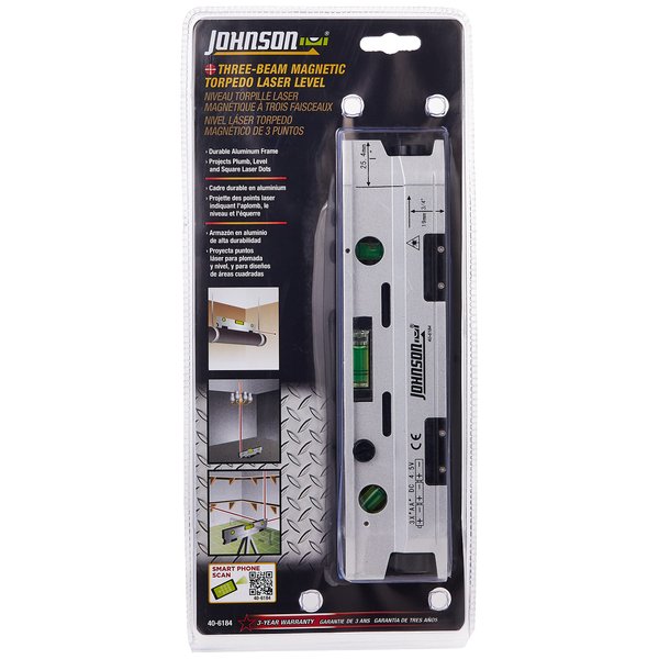Johnson 406184 Torpedo Level, Silver & Black, Magnetic, 9.87x3.12x0.02 inches, 50 hours battery life