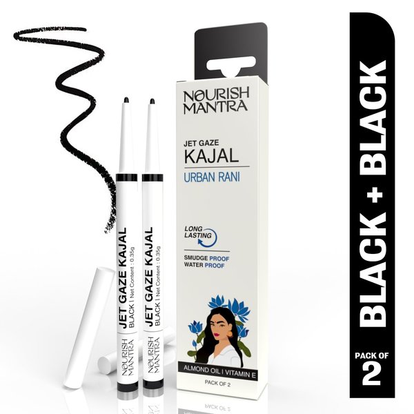 NOURISH MANTRA Jet Gaze Kajal Urban Rani - Combo - Black & Black 0.35g/ with Almond Oil, Argan Oil & Vitamin E/Intense Pigmentation/Smudge Proof/Water Proof/Long Lasting