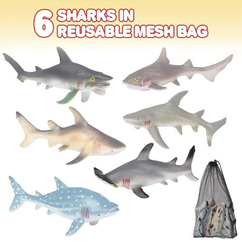 ArtCreativity Shark Figures in Mesh Bag- Pack of 6 Sea Creature Figurines in Assorted Designs, Bath Water Toys for Kids, Shark Party Favors for Toddlers, Boys, and Girls, Ocean Life Party Decor