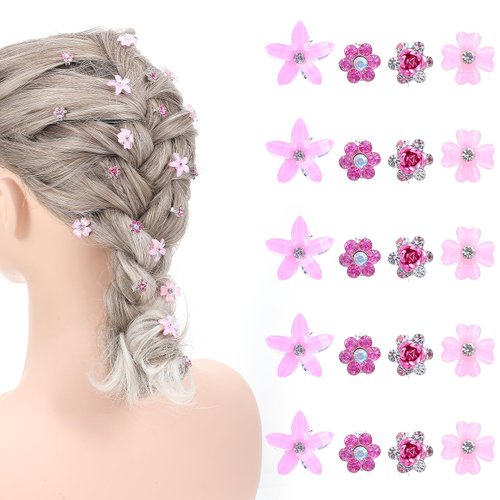 Tyqour 20Pcs Mini Flower Hair Clips Pink Hair Clips Cute Rhinestone Flower Hair Pins Small Decorative Hair Clips Wedding Hair Barrettes Flower Hair Accessories for Girls Women