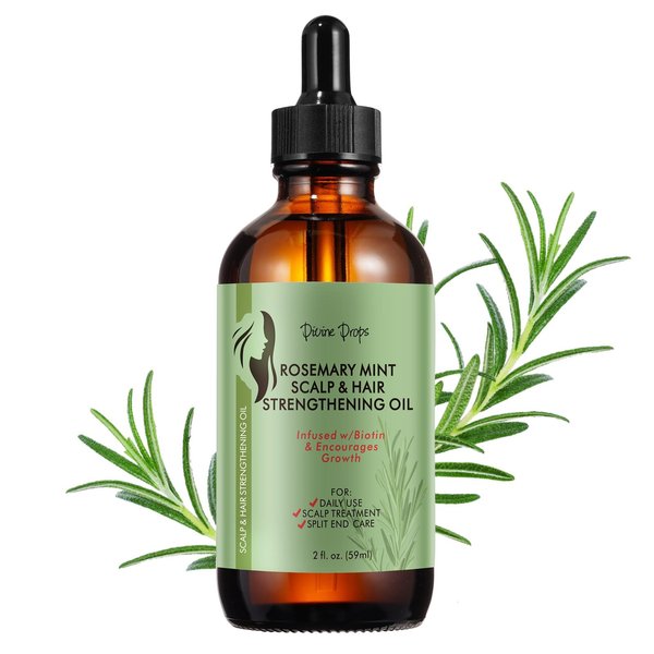 Divine Drop Organics Rosemary Mint Scalp & Hair Strengthening Oil for All Hair Types w/Biotin & Essential Oils - 2 Oz