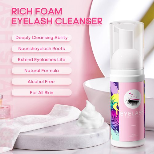 Buqikma Lash Cleaning Kit-Eyelash Extension Cleanser for Extensions 60ML Lash Shampoo with Rechargeable Handheld Lash Fan Dryer Mascara Brush Rinse Bottle Makeup Cleansing Foam for Lash Care