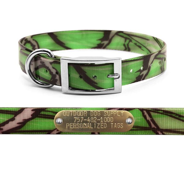 Outdoor Dog Supply's 1" Wide Pattern D Ring Dog Collar Strap with Custom Brass Name Plate (21" Long, Green Camo)