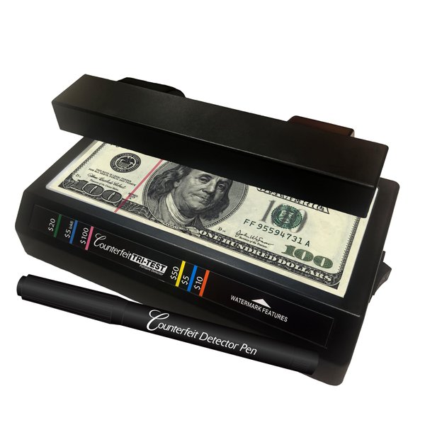 Dri Mark Tri Test 2.0 - Improved Counterfeit Bill Detector Machine w/Auto Sensor and AC Adapter, 3 Tests in 1, Paper, Security Strip and Watermark, Money Tester Machine with Counterfeit Detection Pen