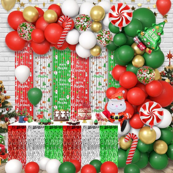 AIBIIN 140pcs Christmas Party Balloon Set, Merry Christmas Balloons with Christmas Xmas Table Skirts and Christmas Foil Fringe Tinsel Curtains for Winter Holiday Party Decorations
