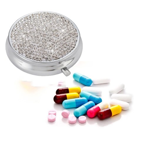 Bling Pill Box, 3 Compartment Medicine Pill Case Holder, Bling Crystal Rhinestones Waterproof Pocket Pill Case ound Medicine Organizer for Vitamin/Fish Oils/Supplement. (Silver)
