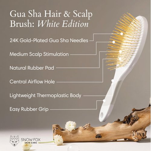 Snow Fox Skincare Gua Sha Hair Brush - White Edition. Scalp Massage Comb with Gold-Plated Metal Bristles for Healthy Follicles. Soothing Gua Sha Acupressure Tool for All Hair Types