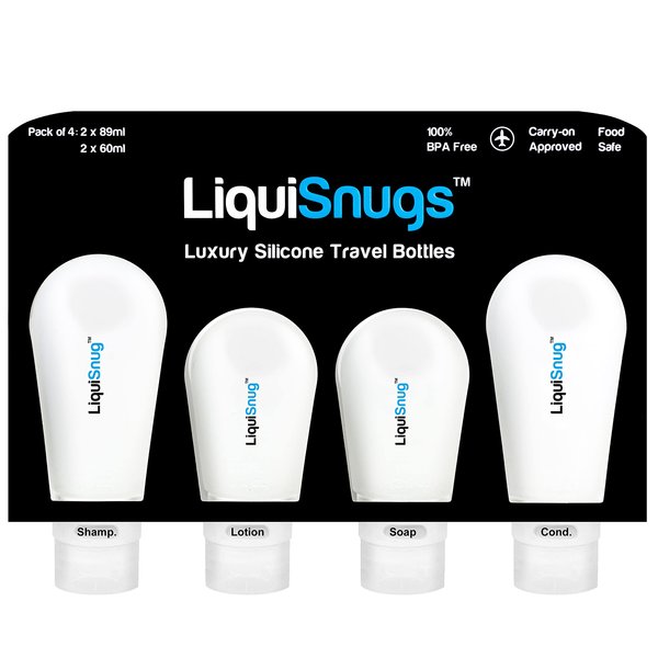 LiquiSnugs Premium - 100% Guaranteed Leak Proof Silicone Travel Bottles For Toiletries - TSA Approved Container. Premium Range Travel Shampoo Bottles with Suction Cups and Adjustable Labels