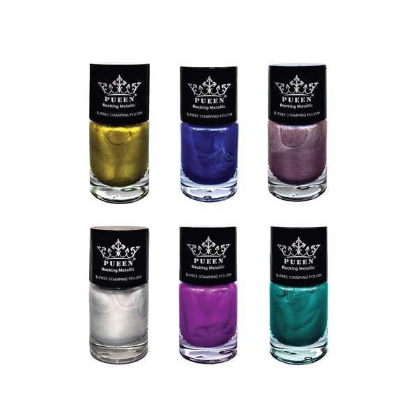 PUEEN Rocking Metallic Stamping Nail Polish Nail Art Color - Set of 6 Metallic Colors - 12ml each - BH000935