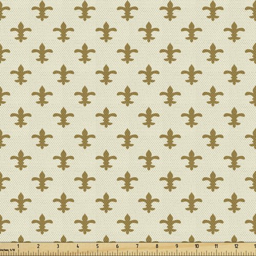 Ambesonne Retro Fabric by The Yard, Fleur-de-lis Flower of The Lily Design Traditional Repetitive Pattern, Decorative Fabric for Upholstery and Home Accents, 1 Yard, Cream Gold