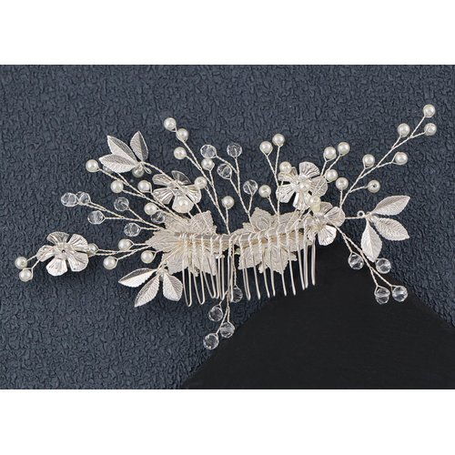 Alilang Womens Silvery Flower Leaves Pearl Bridal Wedding Headpiece Accessory Crystal Rhinestone Hair Side Comb