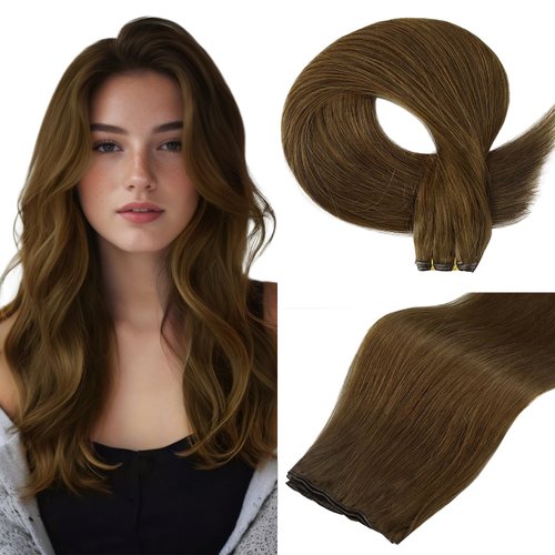 Full Shine Hand Tied Hair Extensions Human Hair Color Medium Brown Human Hair Weft Double Weft Sew Human Hair Genius Weft Hair Extensions For Women Sew In Hair Extensions Real Human Hair 50G 14 Inch