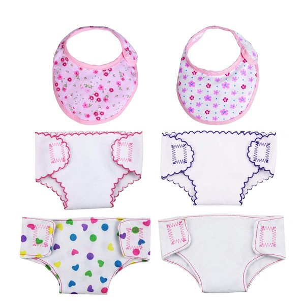 DC-BEAUTIFUL 4 Pcs Doll Diapers Doll Underwear and 2 Pcs Doll Bibs for 14-18 Inch Baby Dolls, Suitable for Infant Baby Doll Girls Boys