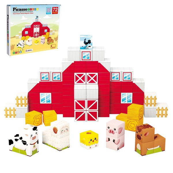 PicassoTiles Magnet Cube Farm House Theme Mix and Match Building Block Construction Toy Barn with 5 Magnetic Cubed Character Action Figure STEM Learning Education Sensory Pretend Play Kid Age 3+ PMC03