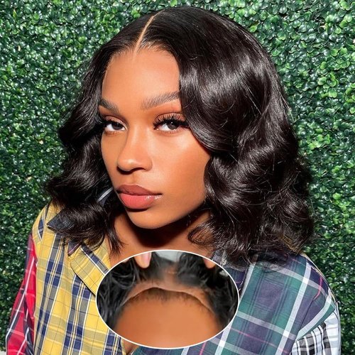 Wear and Go Glueless Wigs Human Hair Pre Plucked Pre Cut Body Wave Bob Wig Human Hair 4x4 Lace Front Wigs for Black Women Brazilian Virgin Human Hair Bob Wigs Glueless 180% Density (10 Inch)