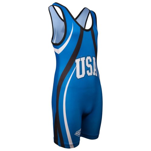 KO Sports Gear - Unisex Wrestling Singlet (USA Blue, Youth Medium)