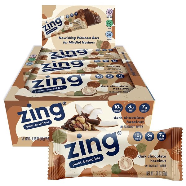 Zing Dark Chocolate Hazelnut Vegan Protein Bars, Gluten Free with High Protein, High Fiber, Dairy Free Nutrition Bars, Plant Based Protein, Kosher, Low Sugar, No Sugar Alcohols - 12 count