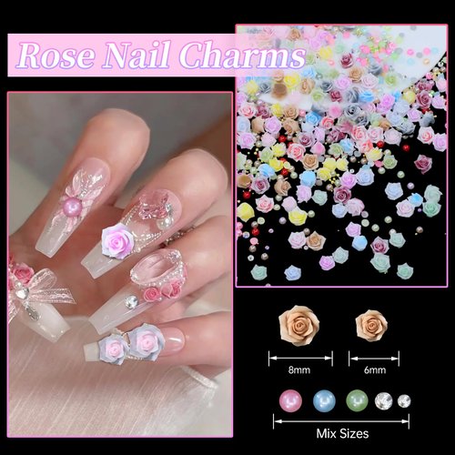 3D Color Rose Camellia Flower Nail Charms, Assorted Pink White Red Black Purple Rose Flowers 3D Cute Nail Charms, Mix Size Flatback Pearls for Nail Art Manicure DIY Crafts Jewel Accessories