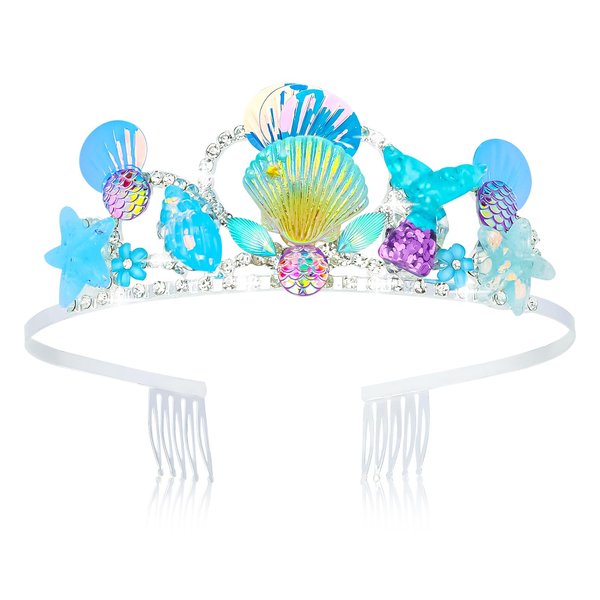 Wecoe Tiara for Girls Blue Mermaid Birthday Crown Princess Crown Fairy Crown Tiara Mermaid Party Decoration Birthday Party Favor Party Supplies Princess Dress Up Costume Accessories Gift