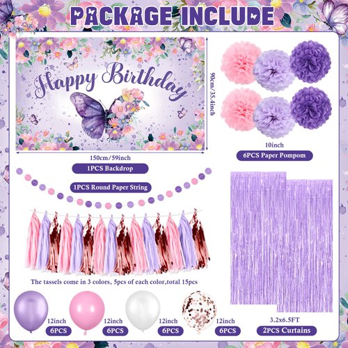 Butterfly Birthday Party Supplies Decoration Purple Pink Birthday Decor Include Happy Birthday Banner Paper Pompoms Circle Dots Tassel Balloon Fringe Curtain for Women Girls Birthday Baby Shower
