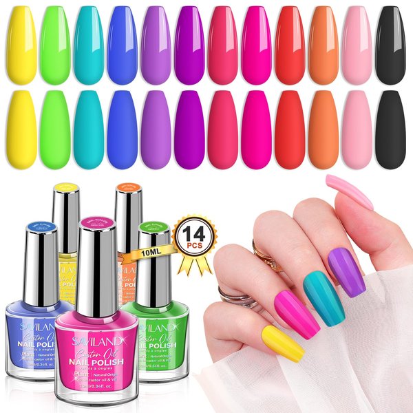 SAVILAND Quick Dry Nail Polish Set: 12 Neon Green Bright Colors 0.34oz Pastel Regular Nail Polish Non Gel Bulk Nail Polish Kit with Base-Top Coat Summer Nail Lacquer for Finger Toe Acrylic Nail Art