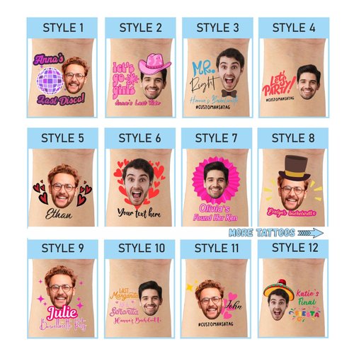 Bachelorette Tattoos, Adult Temporary Tattoo, Groom's Face Custom Temporary Tattoos, Personalized Bachelorette Party Tattoos Hens Games Temporary Tattoo Face Bride Tattoo Sticker Pack of 15
