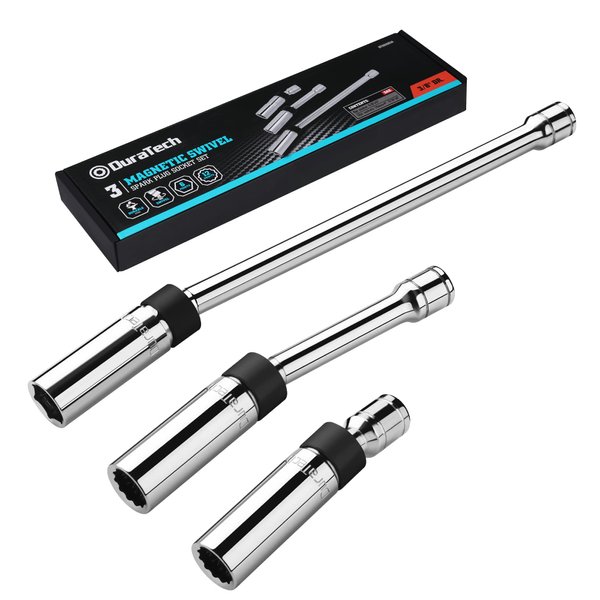 DURATECH 3PCS Swivel Magnetic Spark Plug Socket Set, 3/8" Drive Thin Wall Socket Includes 5/8" x 11" 6-Point, 9/16" x 6" and 14mm x 4" 12-Point, Enhanced Magnetic Design and Magnetic Core, Cr-V Steel