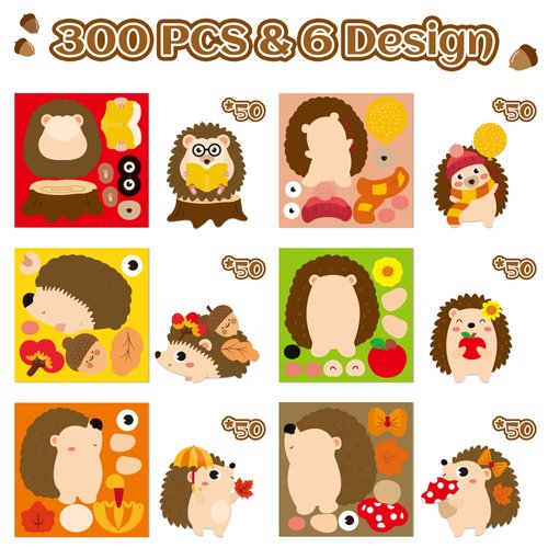 Haooryx 300pcs Fall Hedgehog Make A Face Stickers Scene Roll, Make Your Own Hedgehog Decorative Sticker Mixed and Match Self-Adhesive DIY Autumn Theme Sticker for Thanksgiving Scrapbook Laptop Decals