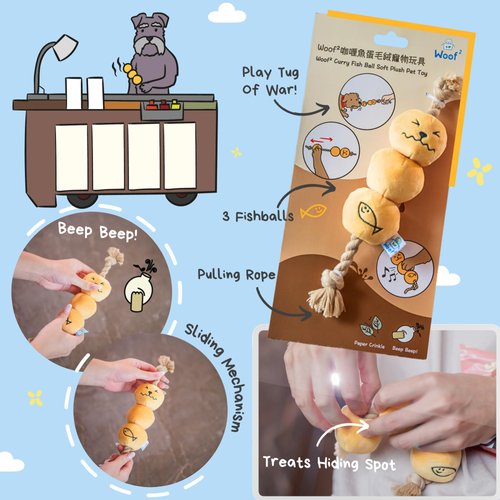 Woof² Curry Fishball Soft Plush Squeaky Dog Pull Toy - Durable, Iconic, Cute & Fun Rope Toy for Interactive Bonding Time, Sliding Mechanism, Hide Food for Puzzle Play, Small Medium Dogs