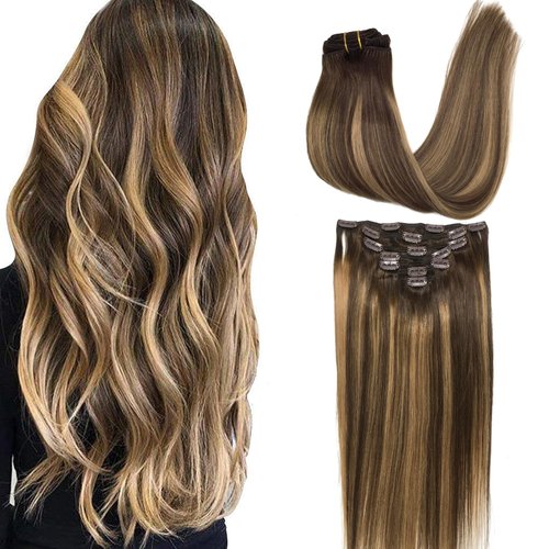 GOO GOO Clip in Hair Extensions Real Human Hair, 14inch 120g 7Pcs, 4/27/4 Balayage Chocolate Brown to Caramel Blonde, Remy Human Hair Extensions Clip ins for Women, Natural Human Hair