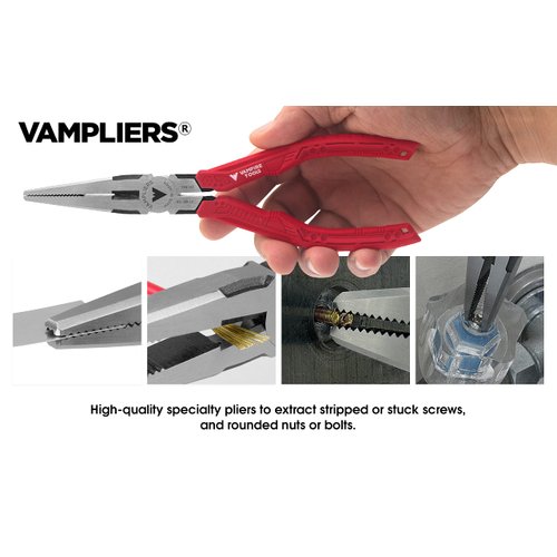 VAMPLIERS 7.5" Screw Extractor Long Nose Pliers with Wire Cutter. High Carbon Steel Needle Nose Pliers. Made in Japan. Stripped Screw Removal Tool for Removing Damaged Fasteners in Confined Spaces.