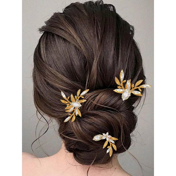 JAKAWIN Crystal Wedding Hair Pins Gold Leaf Hair Piece Rhinestone Bride Hair Accessories for Women (Gold)